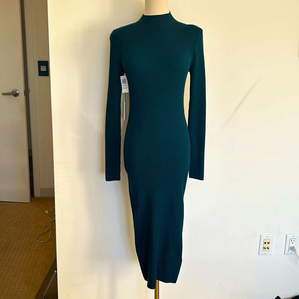 Size S petite Aritzia Babaton teal green sweater midi dress with open back